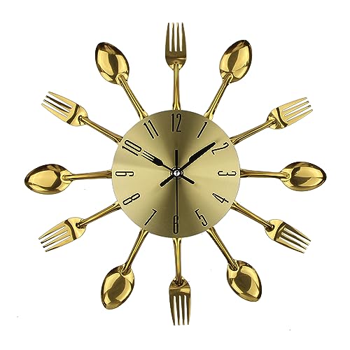 Timelike Kitchen Metal Copper Wall Clocks with Spoons and Forks 3D Removable Modern Creative Cutlery Kitchen Spoon Fork Wall Clock for Great Home Decor and Nice Gifts (Gold) - color: Gold