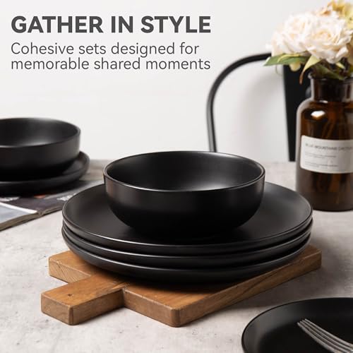 12-Piece Stoneware Dinnerware Set with Mugs | Microwave and Dishwasher Friendly | Stackable Matte Glaze Plates & Bowls | Service for 3 (Black for 3) - color: Black for 3