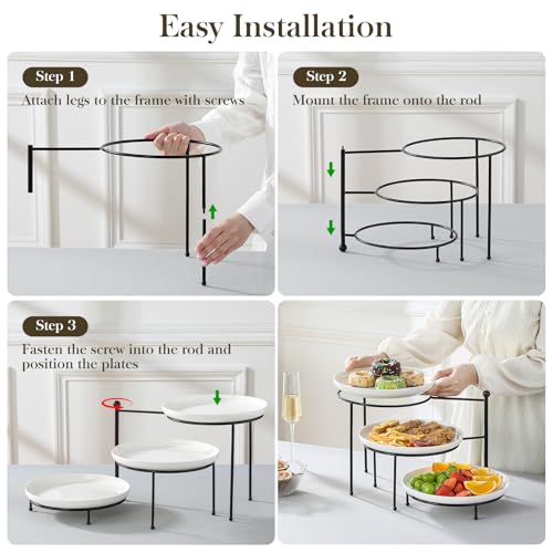MALACASA Round 3 Tier Serving Tray, 10 Inch White Porcelain Dessert Stand | Round White Porcelain Trays with Black Metal Rack for Cupcakes, Cakes, Fruit and Appetizers, Removable, Dishwasher Safe - color: White