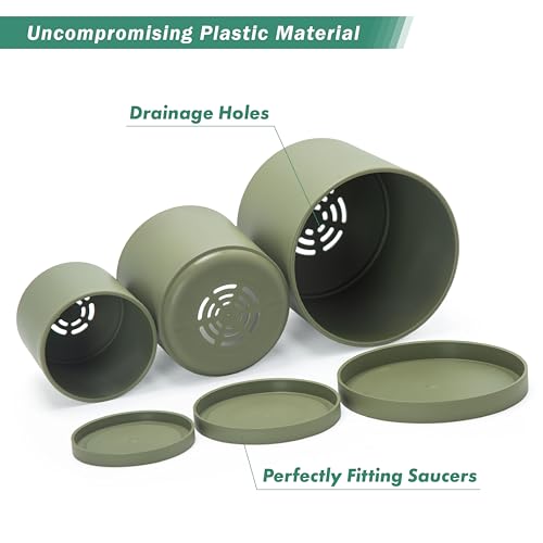 D'vine Dev 3-Pack Plastic Pots & Saucers, 4/5/6 in, Olive, 74-V-I-1 | Multi-Size Options, Lightweight Durable, Matte Finish, Cylinder Shape, Drainage Holes, Sleek Design, Detachable Saucer - color: Olive, size: Small
