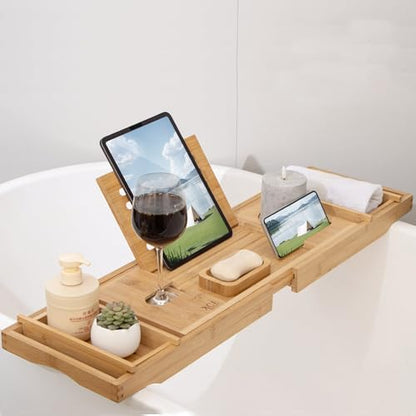 Bamboo Bathtub Caddy Tray with Book Stand & Soap Holder, Natural | Expandable to 41 Inches & Anti-Slip Pads for Luxury Bath Spa - color: Natural