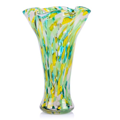 9.0" H Green Glass Vases for Flower, Unique Hand Blown Glass Vase | Wide Mouth Colorful Flower Vase for Bouquet or Centerpieces, Coastal Vases for Living Room Table Bookshelf, Shelf Decorative - color: Green