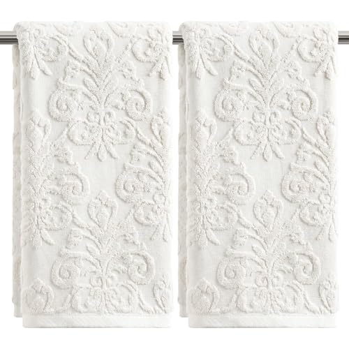 Artoid Mode 2 Pcs White 3D Vintage Floral Hand Towels for Bathroom, 100% Cotton Soft Absorbent Bathroom Decor Towels, 13.7 x 29.5 Inch - color: White, size: 13.7" x 29.5", 2PCS