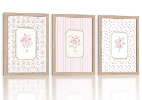 Pink Floral Canvas Wall Art Framed 3Pcs Cottage Home Decor 24x16 Inch | Ready to Hang Botanical Painting Prints Picture Poster Vintage Farmhouse Decor Living Room Bedroom Entryway Hallway Foyer - color: Vintage Pink Flower 002, size: 24"L x 16"W