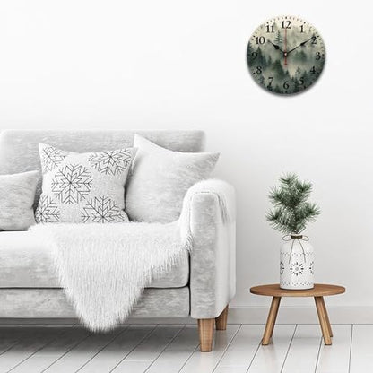 Nature Pine Trees Scenic Foggy Mountain Wooden Wall Clock - Watercolor Misty Plants Smokey Green Modern Wood Clock - Quality Quartz Non-Ticking 12 Inch Round - color: Pattern-6, size: 12 Inch