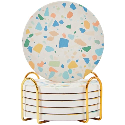 Terrazzo Coasters Set of 6, Colorful Boho Absorbent Ceramic Coasters | Speckled terrazzo drink coasters for coffee table & desk; moisture-absorbing stone, boho home decor, housewarming gift - color: Colorpop
