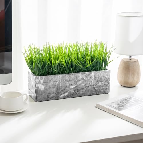 MyGift 14 Inch Artificial Green Grass Plant in Gray Marble Pattern Resin Ribbed Rectangle Planter, Faux Greenery Rectangular Cement Pot Centerpiece Home Décor - color: Gray Marble