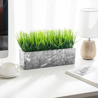 MyGift 14 Inch Artificial Green Grass Plant in Gray Marble Pattern Resin Ribbed Rectangle Planter, Faux Greenery Rectangular Cement Pot Centerpiece Home Décor - color: Gray Marble