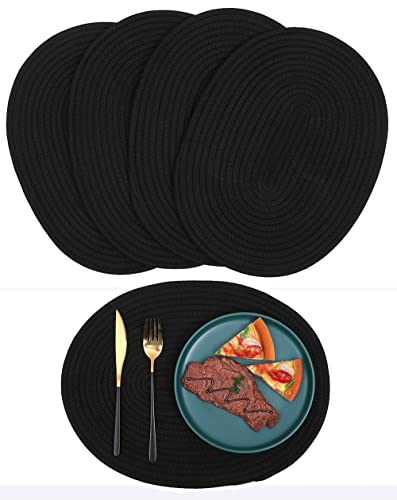 Oval Woven Placemats Set of 4, Rattan Placemats 12x16 Inch Cotton Wicker Placemats Farmhouse Boho Circle Braided Heat Resistant Outdoor Placemats Patio Table Place Mats (Black) - color: Black, size: Oval Set of 4