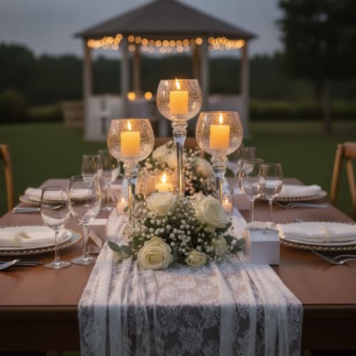 Glass Tealight Candle Holder: Clear Mercury Crackle Candle Holder | 9/10/12 Inch Tall, for Floating & Votives, Long Setm Vintage Decor for Wedding, Party, Christmas, Dining Table, Set of 3 - color: Clear