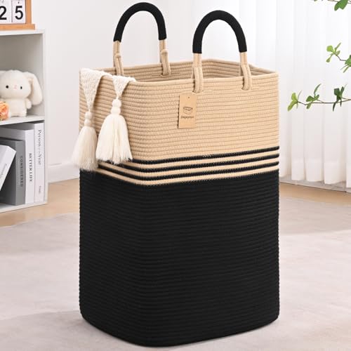 Laundry Basket Hamper,Blanket Storage,Dirty Clothes Hamper with Swivel Handles,Woven Cotton Rope Toy Baskets,Blanket Basket Living Room,Decorative Hampers for Nursery,Bedroom,Brown & Black,100L - color: Brown & Black, size: 100L