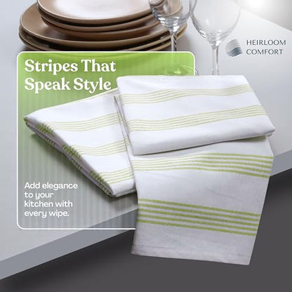 Lemon Green Stripe Kitchen Towels (3 Pack), 100% Cotton, Multi Pin Striped, Super Absorbent & Durable Dish Cloths, Quick Dry Towel Set for Drying Dishes, Everyday Kitchen Cleaning - color: Lemon Green, style: 3 Pack