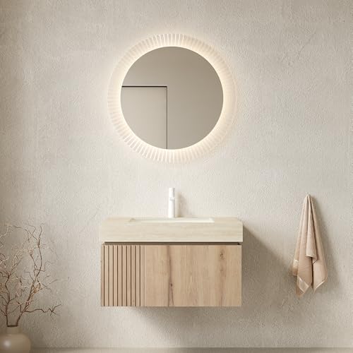 30" Floating Bathroom Vanity with Sink, MURI Wall Mounted Plywood Cabinet, Sintered Stone Countertop, Ceramic Basin with 1 Faucet Hole, Drawer & Door Storage, Pre-Assembled, Beige Top White Oak - color: White Oak,beige Travertine-pattern Top, size: 30"+Be