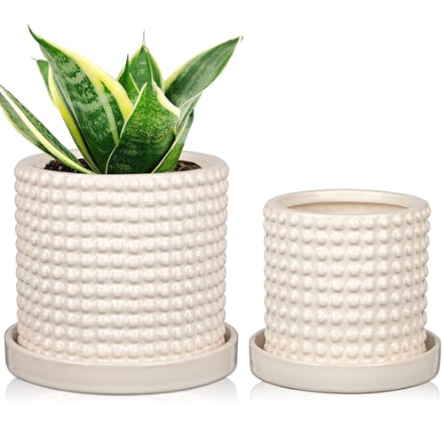 Set of 2 Ceramic Planter Pots with Drainage Hole and Saucer, Round Flower Pot Hobnail Modern Planter Pots for Indoor & Outdoor Plants - 4 Inch & 6 Inch, White - color: Off-white # 4+6 Inch