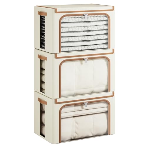 Yecaye Foldable Large Clothes Storage Bins with Lid, Beige, 66L, 3 Pack | Metal Frame, Stackable Organizer Box Clear Window & PU Leather Handles - color: Beige, size: 66L Large(3 Pack)