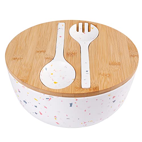 ECOWAY Melamine Salad Bowl with Bamboo Lid & Servers, Bamboo Fiber Salad Serving Bowl 4Qt, Salad Mixing Utensils with Tongs Spoon for Salad, Fruit, Soup, Vegetables, Pasta, Dessert Bowls, 9.84 Inches - color: Marbling with lid