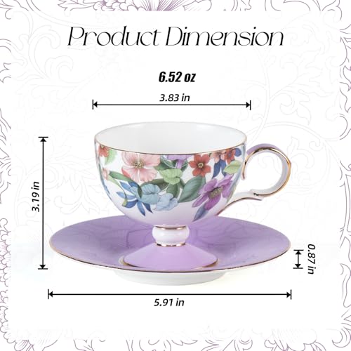 KAMMAK Tea Cups Set of 2,Ceramic Floral Pattern Demitasse Cup | Porcelain Espresso Cup with Saucer, 6.52 oz Handmade Elegant Bone China Tea Cups for Latte, Americano, Cappuccino - color: Lightly Dancing (Green + Purple)