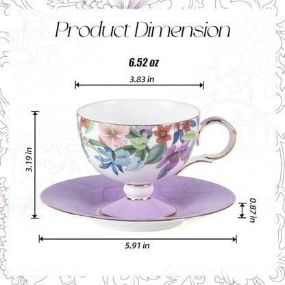 KAMMAK Tea Cups Set of 2,Ceramic Floral Pattern Demitasse Cup | Porcelain Espresso Cup with Saucer, 6.52 oz Handmade Elegant Bone China Tea Cups for Latte, Americano, Cappuccino - color: Lightly Dancing (Green + Purple)