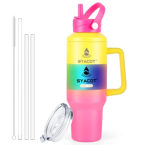 40 oz Tumbler with Handle and Straw or Convert to 40 oz Insulated Water Bottle Fits in Cup Holder. Stainless Steel Metal Water Flask with 2 Lids for Travel,Camping,Gym Sports Coffee Mug Thermal Cup - color: Rainbow