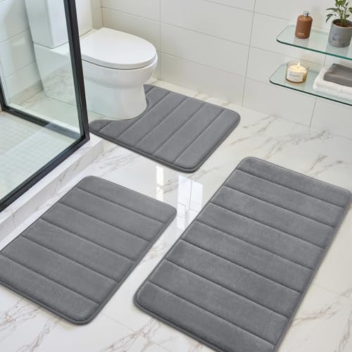 BYSURE Dark Grey Memory Foam Bathroom Rug Set 3 Piece | Non Slip Extra Soft Absorbent Machine Washable Toilet Bath Toilet Mat for Bathroom 17"x24"+20"x32"+U Shape 20"x24" - color: Dark Grey, size: 17"x24"+20"x32"+U Shape 20"x24"