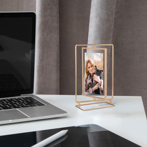 Lyeasw Rotating Picture Frame for 4x6 Picture, Gold Standing Double Sided 4x6 Floating Picture Frame for Vertical Table Display, Single