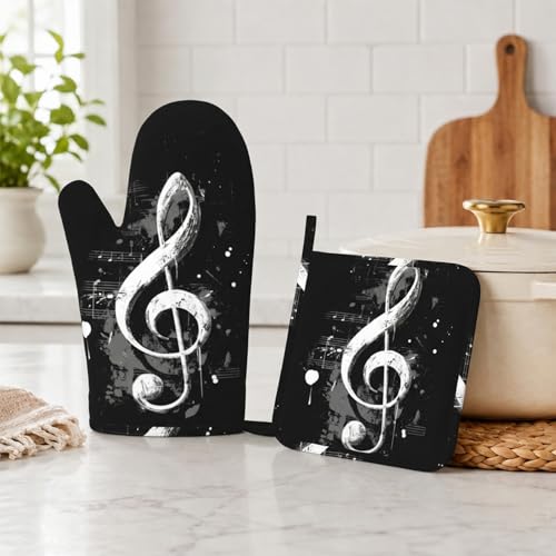 Black Notes Oven Mitts and Pot Holders Sets Non-Slip Silicone Surface for BBQ Gloves,Kitchen,Cooking,Baking,Grilling,BBQ - color: Black Notes