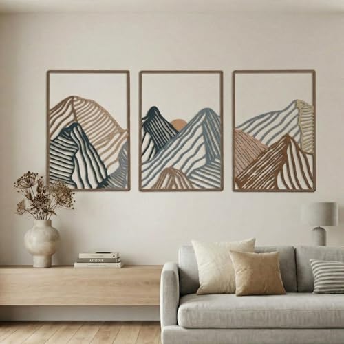 Peryiter 3 Pcs Metal Wall Art Decor Landscape Mountain Wall Hanging Decor for Living Room Abstract Minimalist Modern Mountain Line Pictures Bathroom Office Home Gifts Indoor(Vibrant Colors) - color: Vibrant Colors