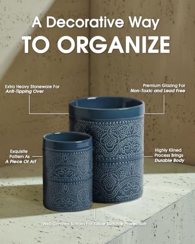 Kitchen Utensil Holder, 7.2+5.5" Super Large Utensil Crock Heavy and Stable Lace Emboss Ceramic Utensil Holder for Kitchen Counter(2Pcs Grayish Blue) - color: 2Pcs Grayish Blue