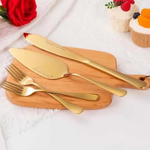Wedding Cake Cutting Set, Champagne Flutes and Cake Knife | Cake Cutting Set for Wedding, Wedding Registry Must Haves, Bride And Groom Champagne Glasses for Wedding Gifts - color: MR & MRS Gold
