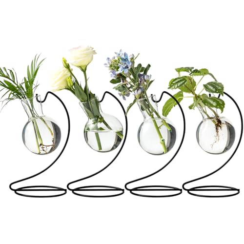 Desktop Glass Plant Propagation Station with Metal Stand,Tabletop Plant Terrarium,Hydroponics Vase for Propagating Hydroponic Office Garden Home Decor, for Weddings, Centerpieces (4)