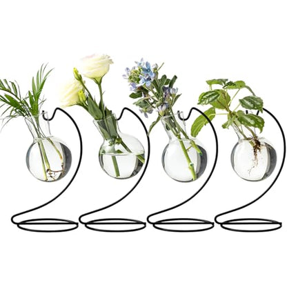 Desktop Glass Plant Propagation Station with Metal Stand,Tabletop Plant Terrarium,Hydroponics Vase for Propagating Hydroponic Office Garden Home Decor, for Weddings, Centerpieces (4)