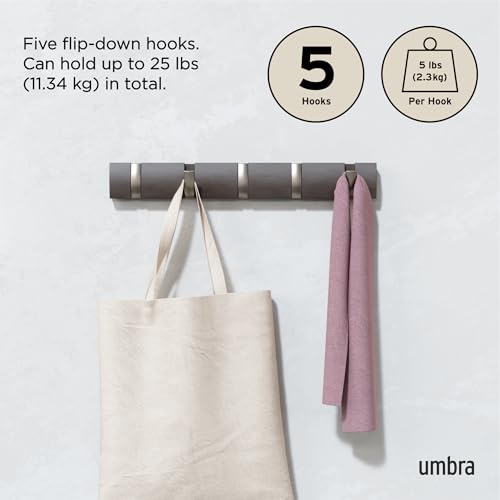 Umbra Flip Coat Rack, Wall Mounted 5-Hook Space Saving, Driftwood/Nickel | Real wood and steel build, retractable hooks fold flat, holds coats bags and scarves, easy install - color: Driftwood/Nickel, size: 5-Hook