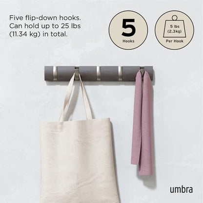 Umbra Flip Coat Rack, Wall Mounted 5-Hook Space Saving, Driftwood/Nickel | Real wood and steel build, retractable hooks fold flat, holds coats bags and scarves, easy install - color: Driftwood/Nickel, size: 5-Hook