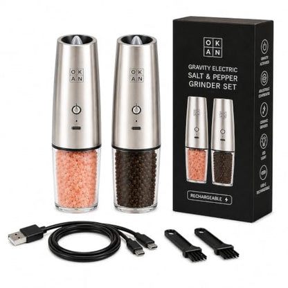 Automatic Electric Gravity Salt and Pepper Grinder Set, Rechargeable, One-Hand Operation, Dual USB-C Charging Cable, Adjustable Ceramic Burr, LED Light, Stainless Steel, 3.4 Oz - color: Stainless Steel