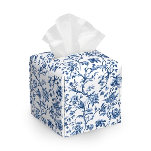 Tissue Box Cover,Retro Blue Floral Leather Tissue Holder Organizer Portable Square Decorative Facial Paper Case for Home Office Bathroom Vanity Countertop - color: Retro Blue Floral