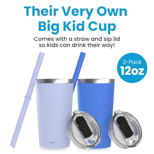 CUPKIN Toddler Tumblers, The Original 12 oz Stackable Stainless Steel Cups, Set of 2 Powder Coated Insulated Kids Water Bottle Alternative & BPA Free Lids + Reusable Silicone Straws (Blue + Gray) - color: Blue + Gray, size: 12 Fl Oz (Pack of 2)