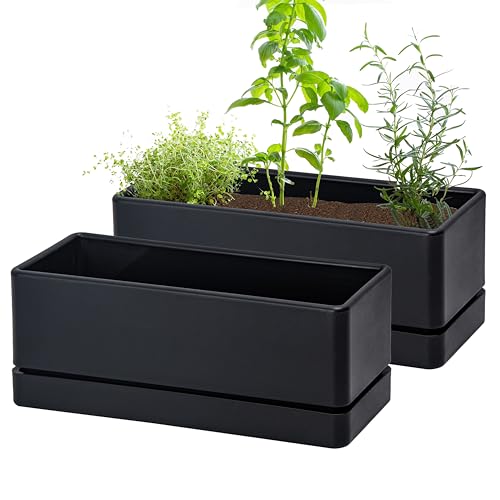 D'vine Dev 2-Pack Rectangular Planters, 12 x 4.5 in, Black, 76-X-B-2 | Minimalist Design, Large Planting Capacity, Drainage Holes & Saucer, Thick-Walled Durable Build, Ideal for Windowsills - color: Black