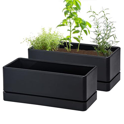 D'vine Dev 2-Pack Rectangular Planters, 12 x 4.5 in, Black, 76-X-B-2 | Minimalist Design, Large Planting Capacity, Drainage Holes & Saucer, Thick-Walled Durable Build, Ideal for Windowsills - color: Black