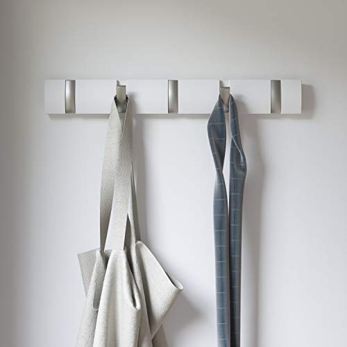 Umbra Flip Coat Rack, Wall Mounted 5-Hook Space Saving, White/Nickel | Real wood and steel build, retractable hooks fold flat, holds coats bags and scarves, easy install - color: White/Nickel, size: 5-Hook