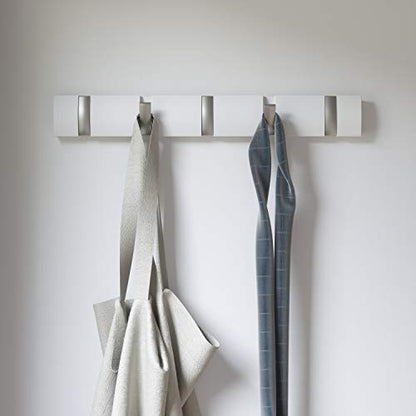 Umbra Flip Coat Rack, Wall Mounted 5-Hook Space Saving, White/Nickel | Real wood and steel build, retractable hooks fold flat, holds coats bags and scarves, easy install - color: White/Nickel, size: 5-Hook