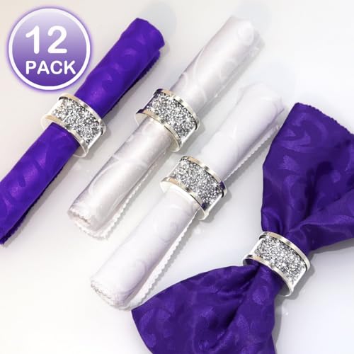 Silver Diamond Napkin Rings (Silver 12 Pack) | Crystal Glass Napkin Holder Glam Crushed Diamond Table Settings Bling Serviette Buckles Cloth Holder - color: Silver 12 Pack