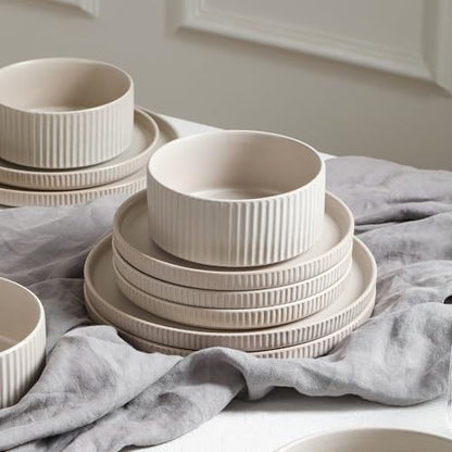 Stone Lain Haven 12-Piece Dinnerware Set, Beige, Includes 4 Dinner Plates, 4 Salad Plates, 4 Bowls, Microwave & Dishwasher Safe - color: Beige, size: 12-Piece - Service for 4