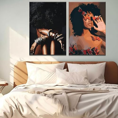 Framed Modern Abstract African American Women Wall Art (Set of 2), Canvas HD Print, Bohemian Black Girl with Energetic Butterfly Decor, Black Inspirational Contemplative Poster, Meditation Inspirational & Trendy Prints, Living Room, Bedroom, Bathroom, Off