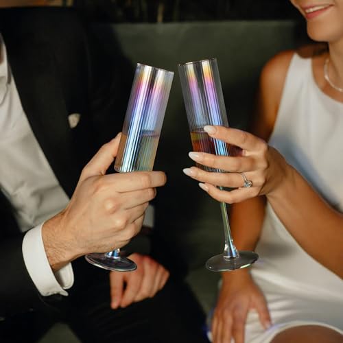 Joeyan Iridescent Gold Rim Ribbed Champagne Flutes Glasses Set of 2, 7oz Square Hand Blown Crystal Prosecco Glasses for Toasting, Sparkling Wine, Mimosas, Cocktails, Wedding, Party, Anniversary, Gift - color: Iridescent champagne glasses