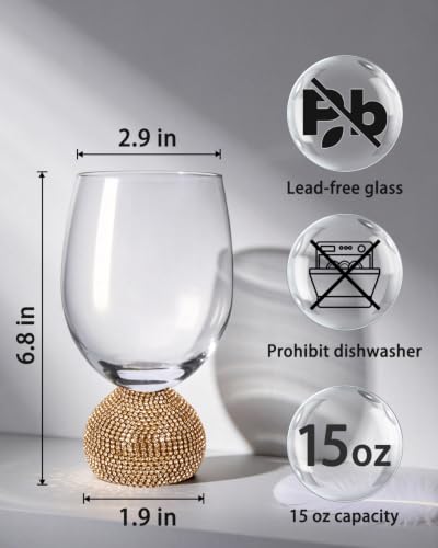 Stemless Fancy Wine Glasses Set of 4,Luxury Crystal Wine Glasses Hand Blown | 15 oz With Rhinestones Unbreakable,Perfect for Red or White Unique Wine Gifts for Women,Party,Birthday (Gold Clear) - color: Gold Red wine glass