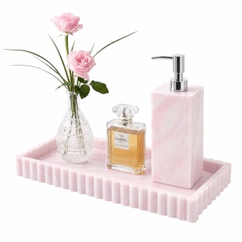 Bathroom Vanity Tray - 9.4''x3.9'' Silicone Bathroom Tray with Scalloped Edge, Counter Top Tray for Vanity Sink Countertop, Decorative Organizer for Cosmetics Jewelry, Rectangular, Marble White Pink - color: Marble White Pink, size: 9.4" x 3.9" x 0.7"