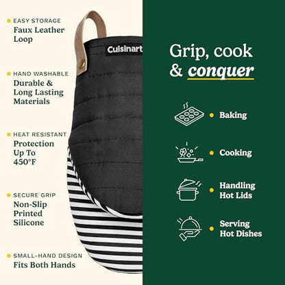 Cuisinart Mini Oven Mitts, 2-Pack 5.5"x8", Printed Silicone, 450F | Non-slip grip stripes, faux leather hang loop, cotton lining for comfort, ambidextrous for baking, cooking, and cast iron - color: Black