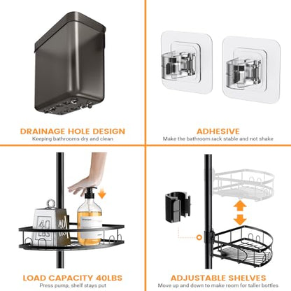 Adjustable Tension Pole Shower Caddy: Rustproof Corner Bathroom Organizer | 4-Tier 31-124" No Drill Standing Shelves Fits Apartments Rentals Bathroom Bathtub, for Shampoo, Conditioner, Bath Essentials