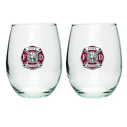 Heritage Pewter Firefighter Stemless Glass Goblets – Set of 2 | 15 OZ Goblet Wine Glasses | Expertly Crafted Pewter Glass - style: FIREFIGHTER RED