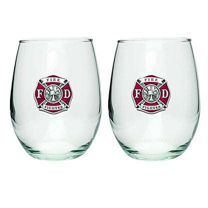 Heritage Pewter Firefighter Stemless Glass Goblets – Set of 2 | 15 OZ Goblet Wine Glasses | Expertly Crafted Pewter Glass - style: FIREFIGHTER RED